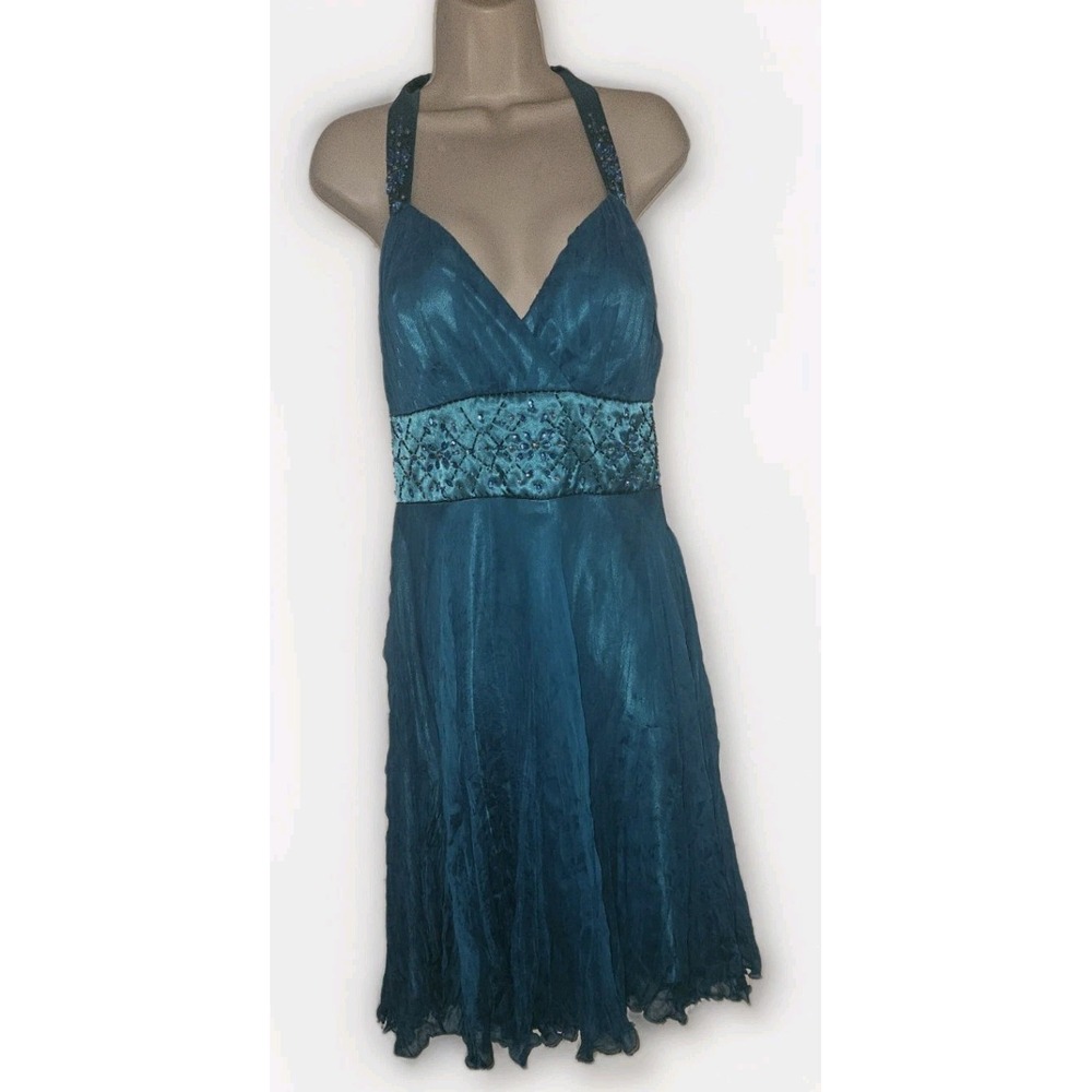 Vtg 80's Whimsy Beaded Rhinestone Mermaidcore Silk Halter dress Women's Size 8